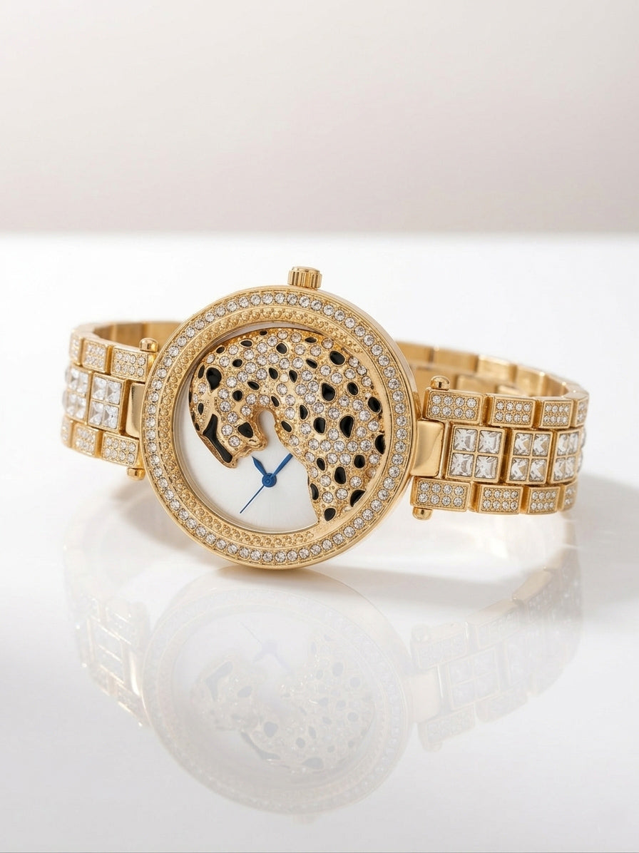Realbuff Luxury Leopard Motif Gold Analogue Watch for Women – Crystal-Studded Bezel & Bracelet Strap Designer Party Wear Watch