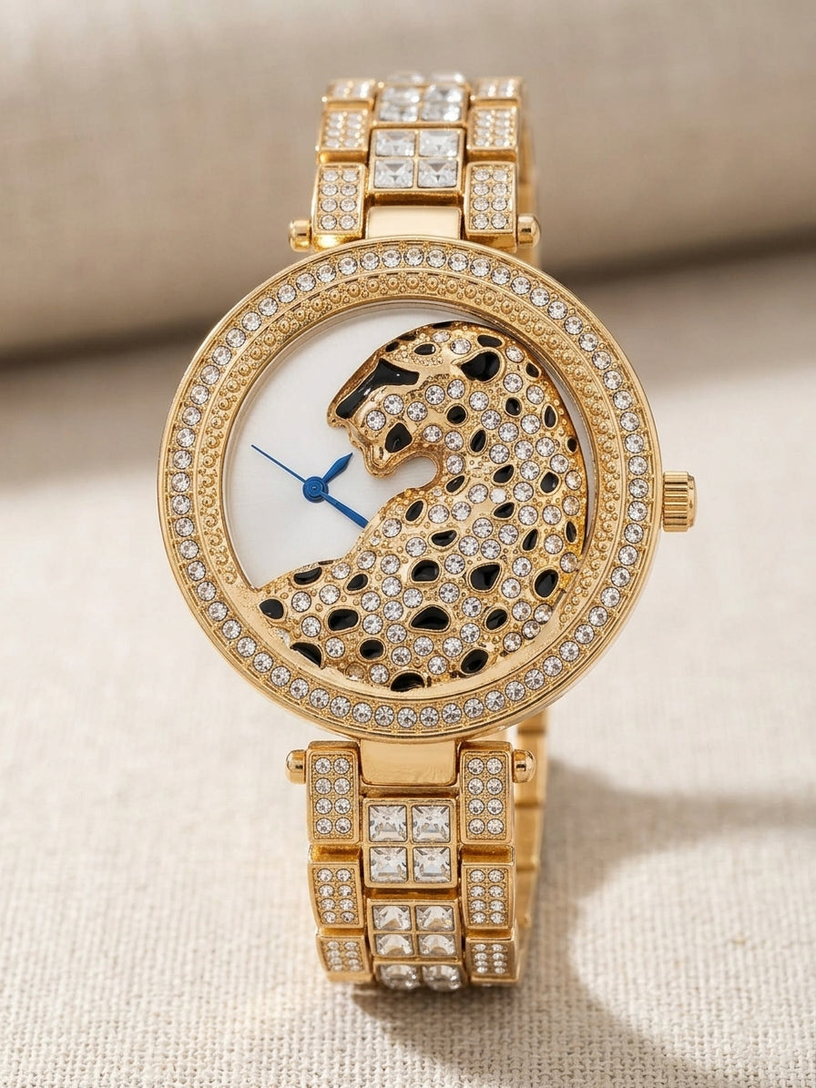 Realbuff Luxury Leopard Motif Gold Analogue Watch for Women – Crystal-Studded Bezel & Bracelet Strap Designer Party Wear Watch