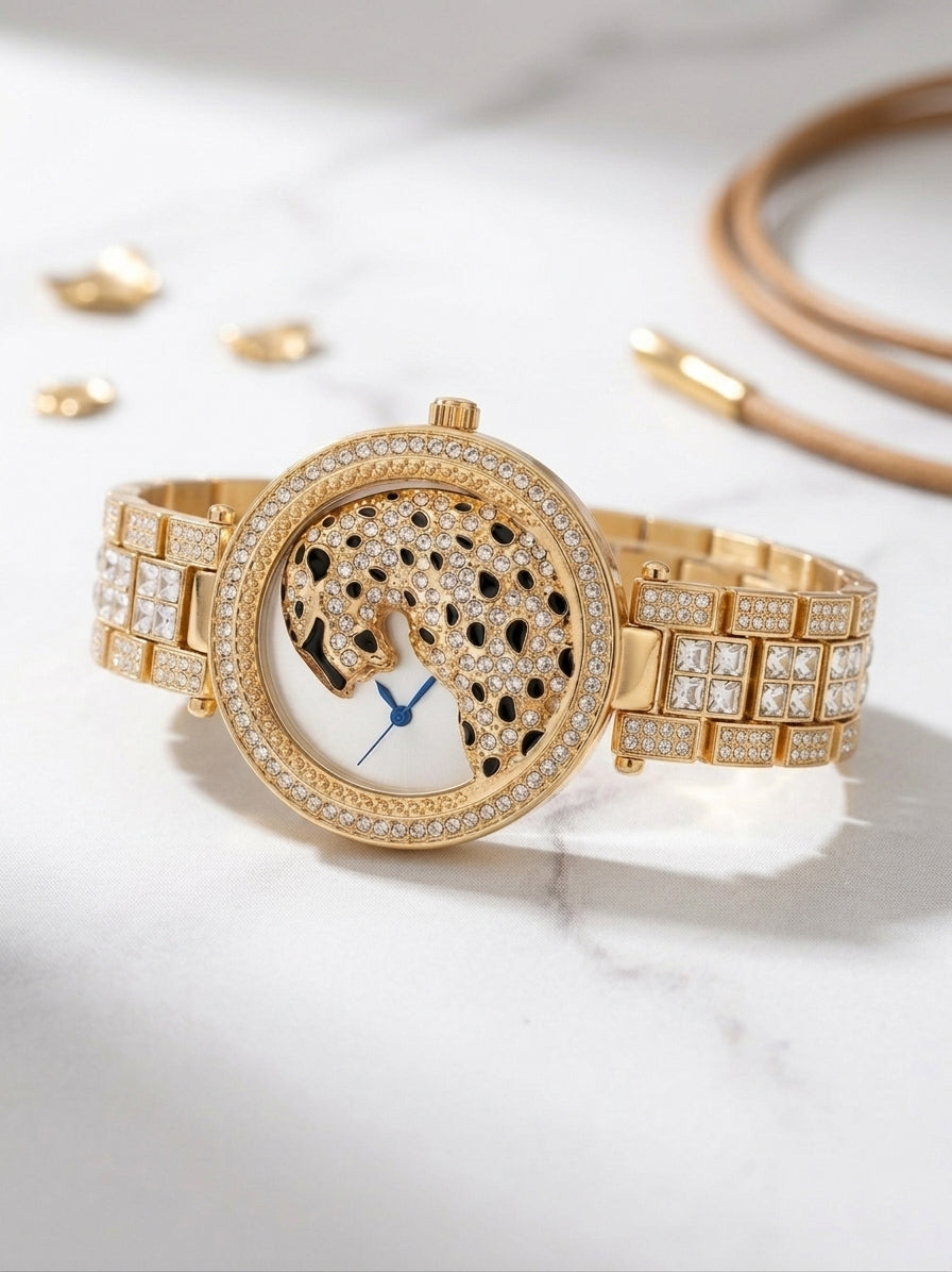 Realbuff Luxury Leopard Motif Gold Analogue Watch for Women – Crystal-Studded Bezel & Bracelet Strap Designer Party Wear Watch