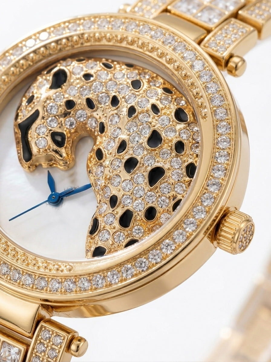 Realbuff Luxury Leopard Motif Gold Analogue Watch for Women – Crystal-Studded Bezel & Bracelet Strap Designer Party Wear Watch