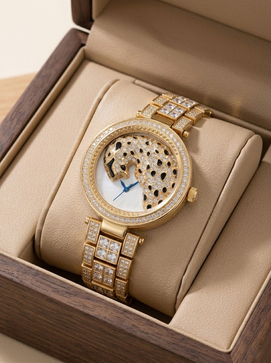 Realbuff Luxury Leopard Motif Gold Analogue Watch for Women – Crystal-Studded Bezel & Bracelet Strap Designer Party Wear Watch