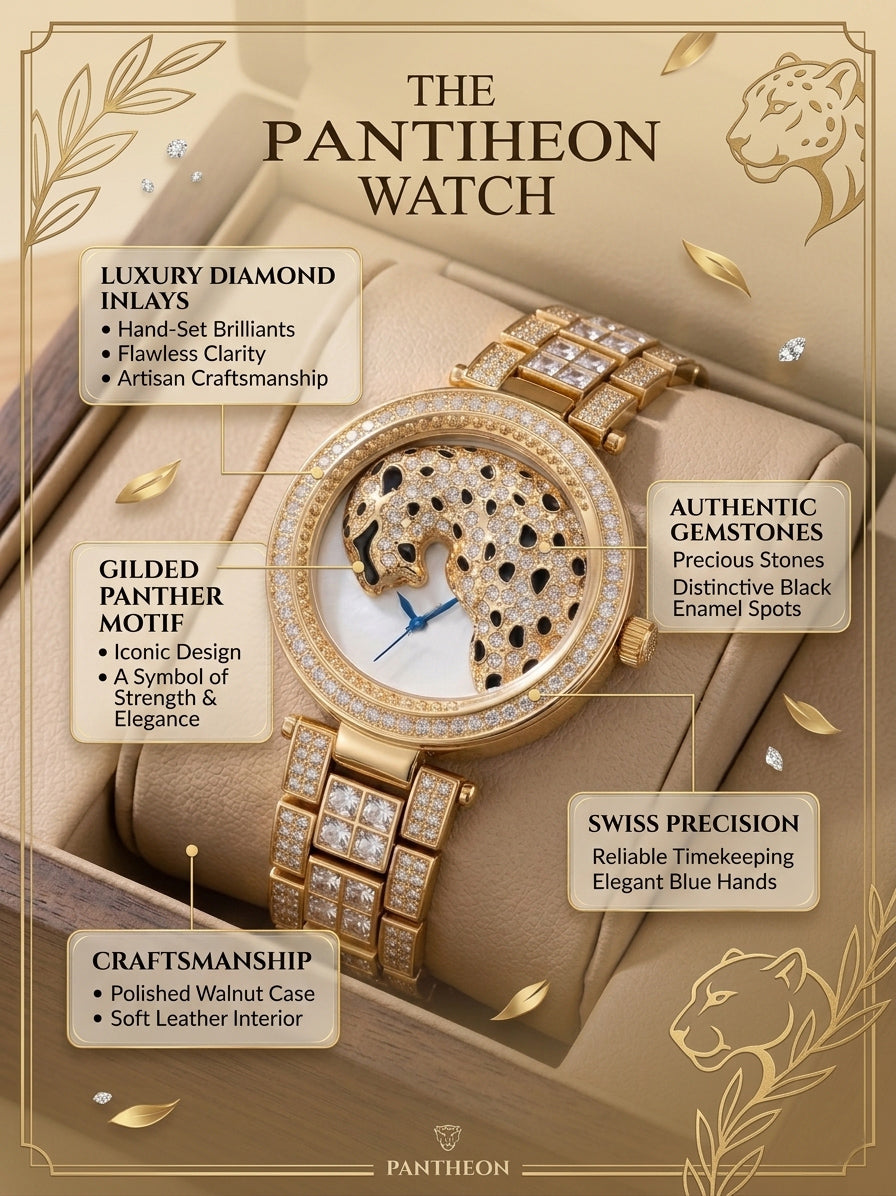 Realbuff Luxury Leopard Motif Gold Analogue Watch for Women – Crystal-Studded Bezel & Bracelet Strap Designer Party Wear Watch