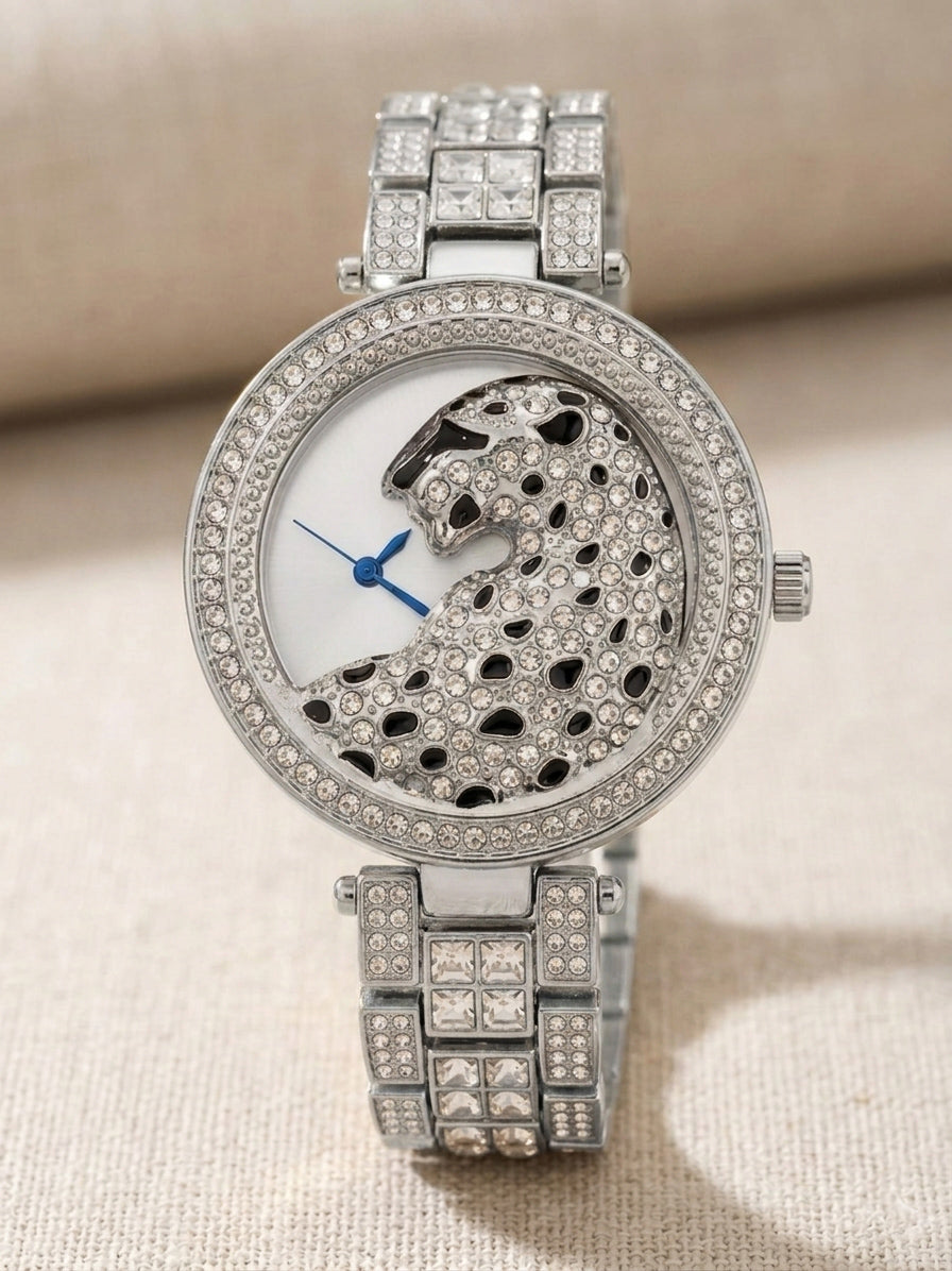 Realbuff Luxury Leopard Motif Gold Analogue Watch for Women – Crystal-Studded Bezel & Bracelet Strap Designer Party Wear Watch